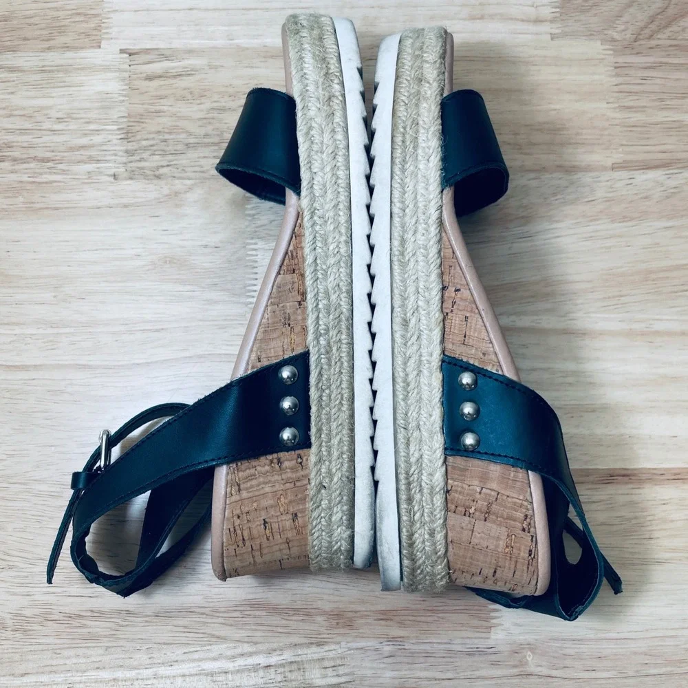 Steve‎ Madden Jewell Black Leather Cork Wedge Espadrille Sandals Women's 9.5M